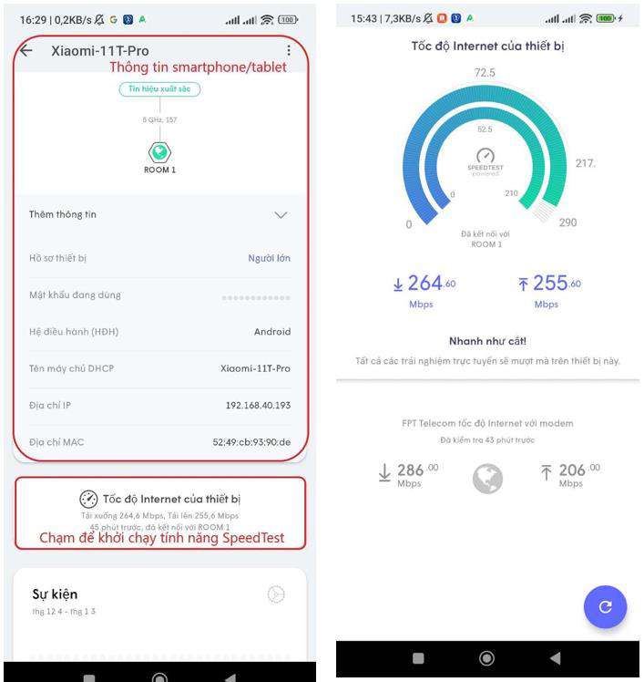 Speedtest tốc độ Internet trên smartphone Xiaomi 11T Pro kết nối với AX8000C qua WiFi 5GHz