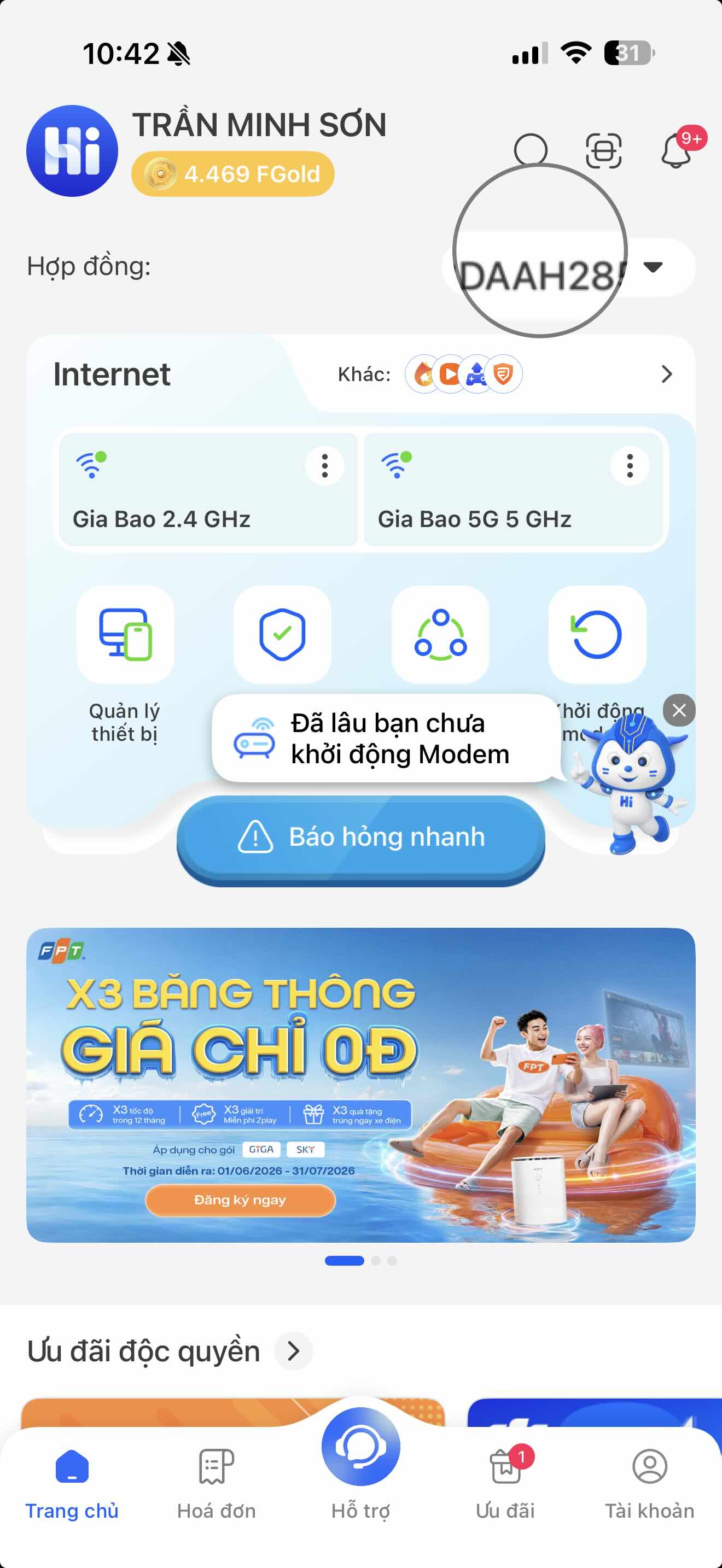 Giao diện app Hi FPT với nút Báo hỏng nhanh — báo sự cố mạng FPT tại Bình Dương không cần gọi tổng đài