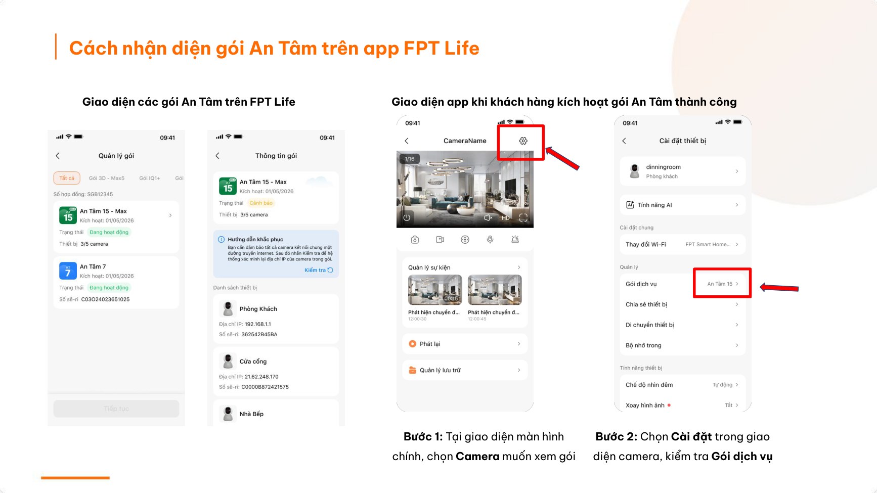 Cách nhận diện gói An Tâm đang sử dụng trên app FPT Life qua mục Cài đặt và Gói dịch vụ