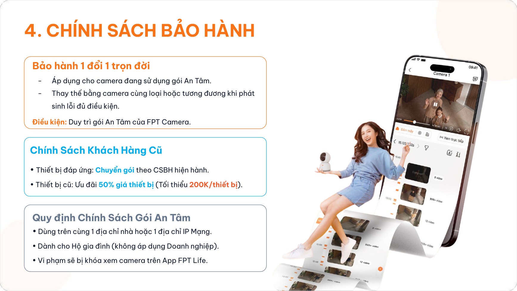 Chính sách bảo hành 1 đổi 1 trọn đời và quy định sử dụng gói An Tâm FPT Camera