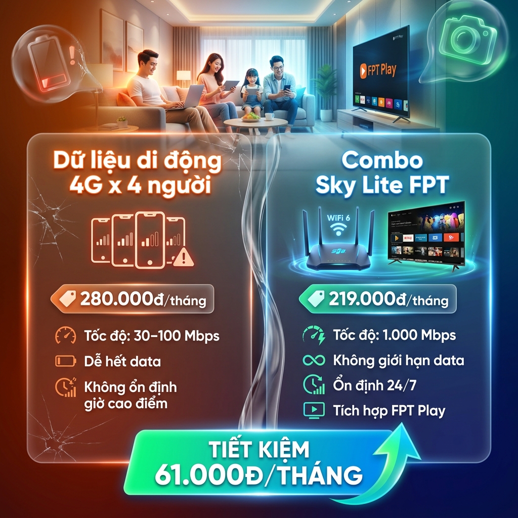 So sánh mạng FPT và data điện thoại cho gia đình 4 người