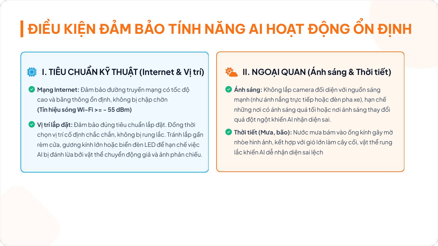 Điều kiện đảm bảo tính năng AI camera FPT hoạt động ổn định: tiêu chuẩn Internet, vị trí lắp, ánh sáng và thời tiết