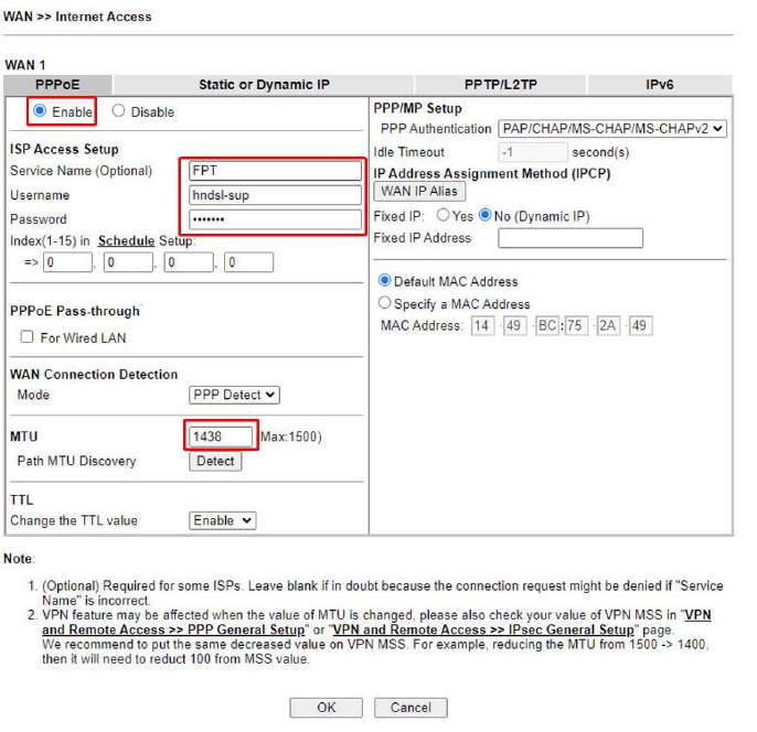 Cấu hình PPPoE chi tiết trên Vigor 2927 nhập Service Name FPT username password và MTU 1438