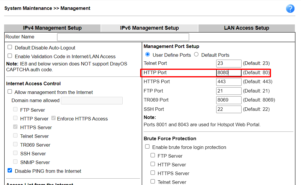 Đổi port HTTP của router Vigor 2927 từ 80 sang 8080 tại System Maintenance Management