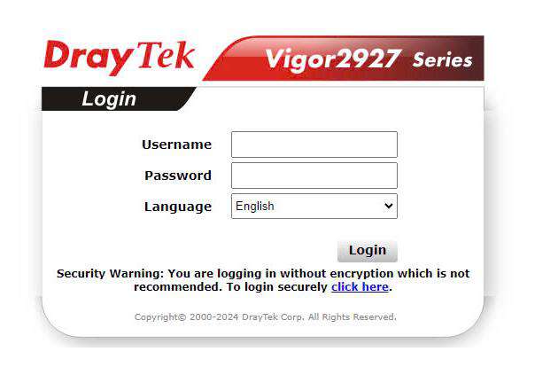 Màn hình đăng nhập router Draytek Vigor 2927 qua giao diện web với username và password admin