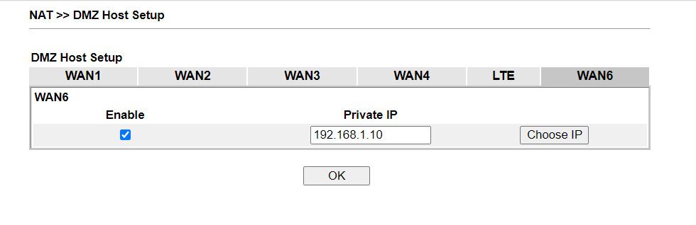 Cấu hình NAT DMZ Host trên Vigor 2927 mở toàn bộ port từ WAN6 về IP server nội bộ 192.168.1.10