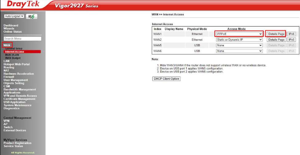 Vào WAN Internet Access trên Vigor 2927 chọn Access Mode PPPoE cho WAN1 và bấm Details Page