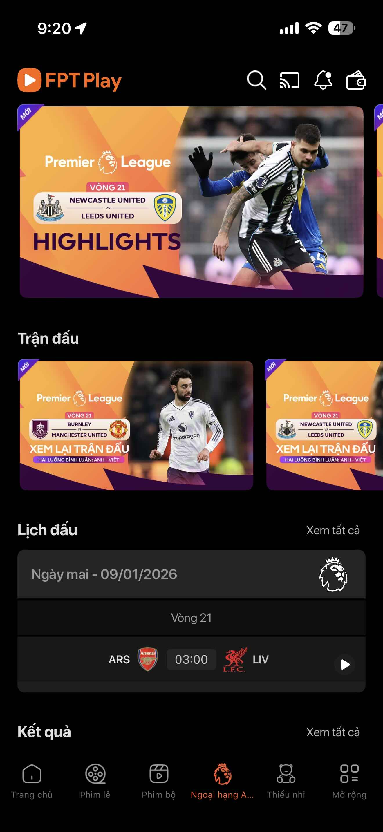 Hướng dẫn chọn mục Ngoại Hạng Anh trên ứng dụng FPT Play điện thoại năm 2026