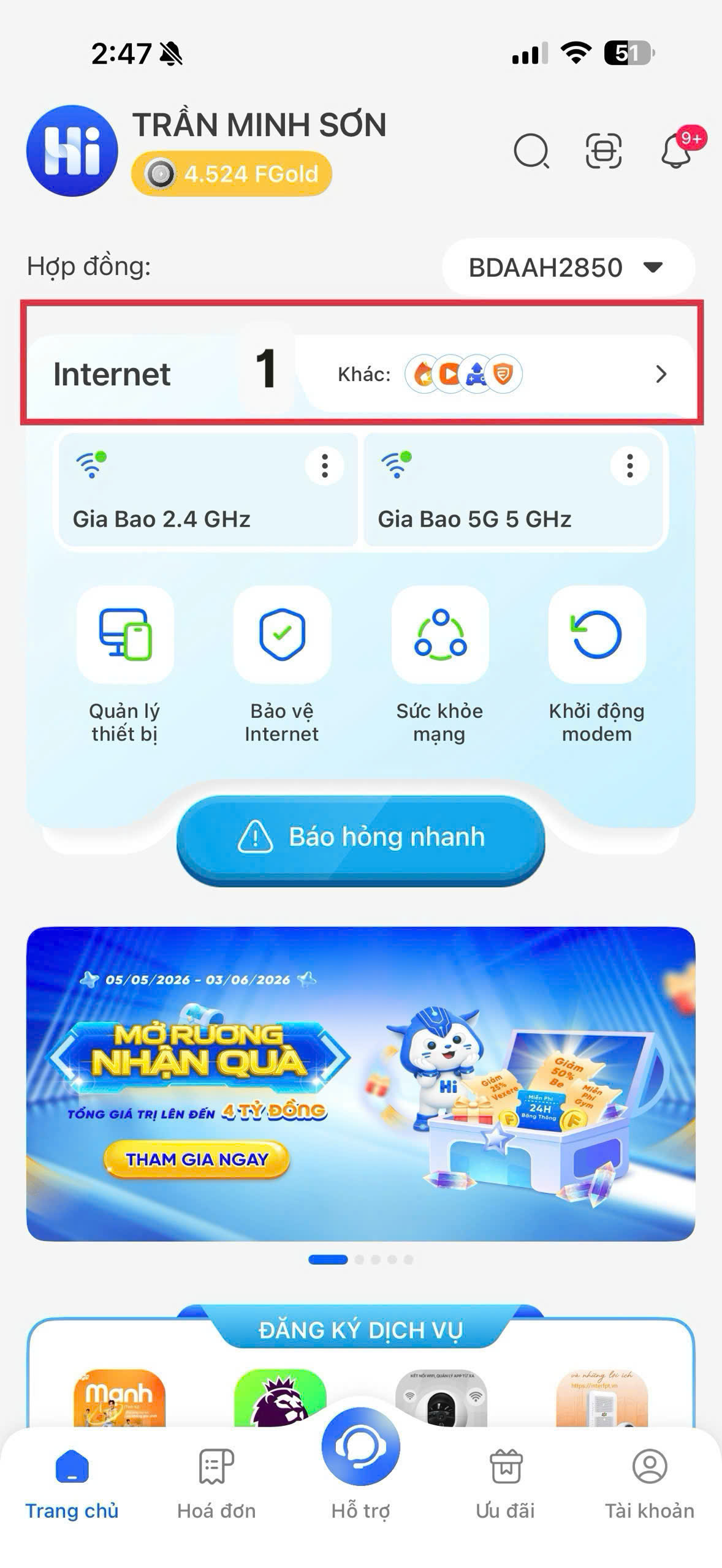 Bước 1 đổi mật khẩu WiFi FPT — Trang chủ Hi FPT, chọn mục Internet