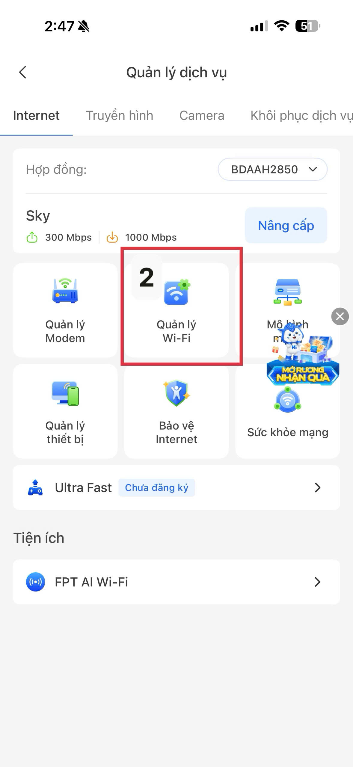 Bước 2 đổi mật khẩu WiFi FPT — màn hình Quản lý Wi-Fi trên Hi FPT, thấy tên WiFi 2.4GHz và 5GHz