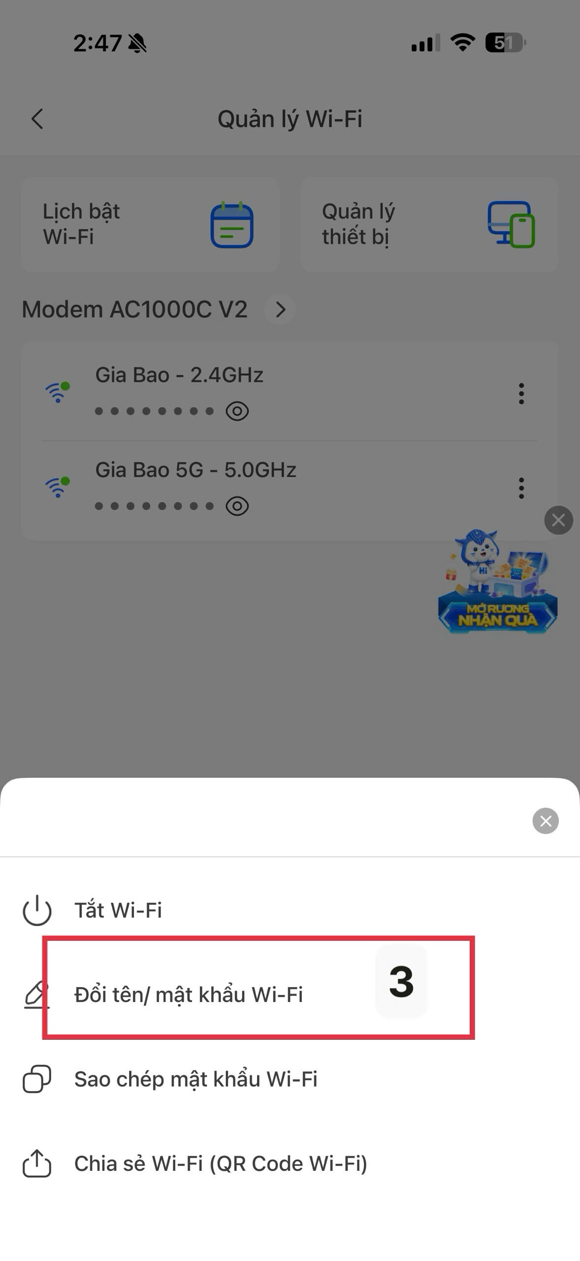 Bước 3 đổi mật khẩu WiFi FPT — menu chọn Đổi tên/mật khẩu Wi-Fi trên Hi FPT