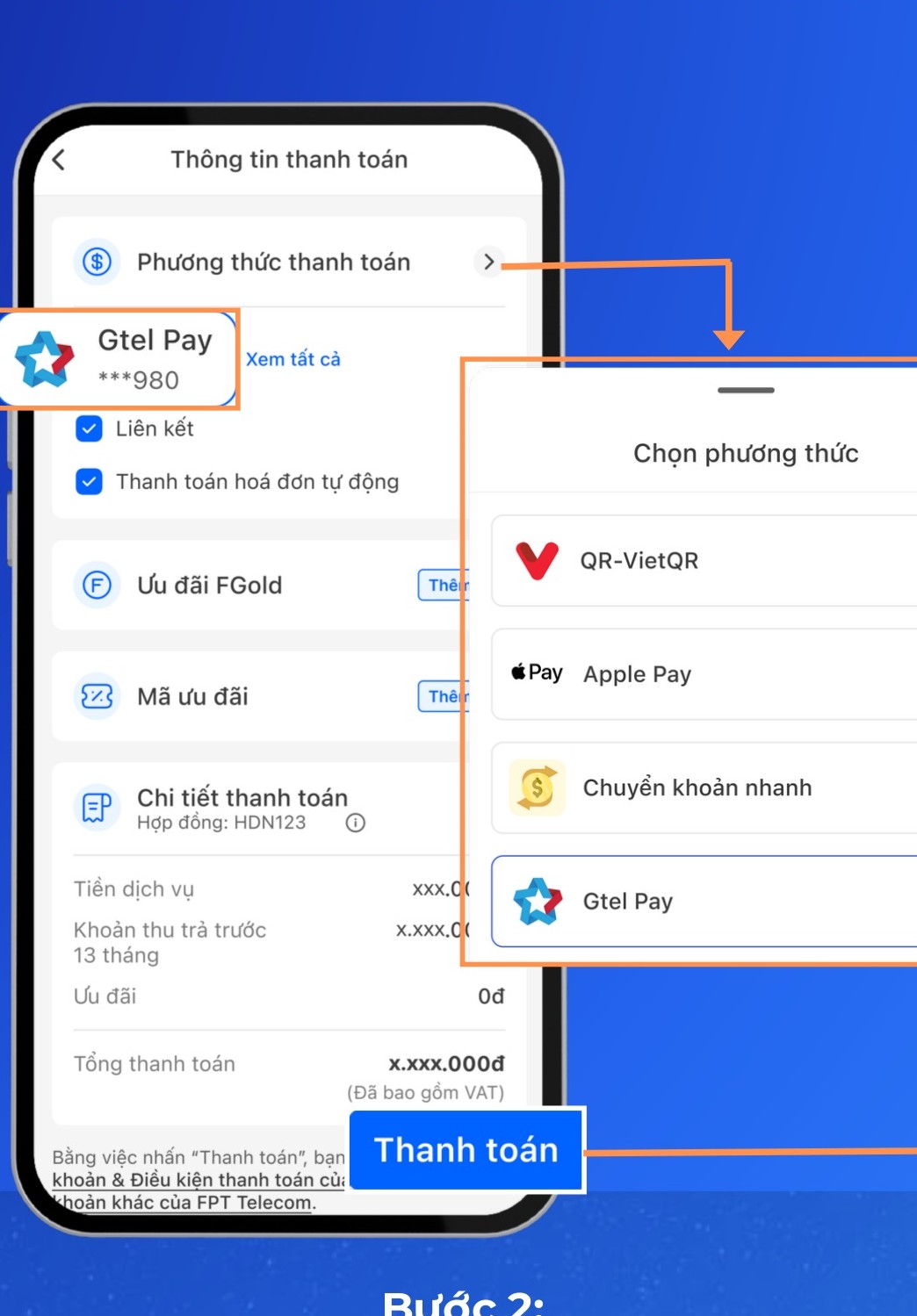 Màn hình chọn Gtel Pay trong danh sách phương thức thanh toán Hi FPT