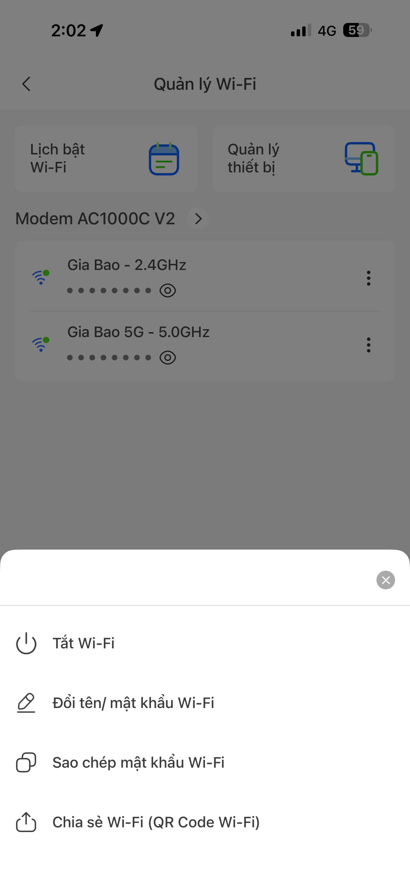 Menu đổi tên và mật khẩu WiFi FPT trên app Hi FPT — Tắt Wi-Fi, Đổi tên/mật khẩu, Chia sẻ QR