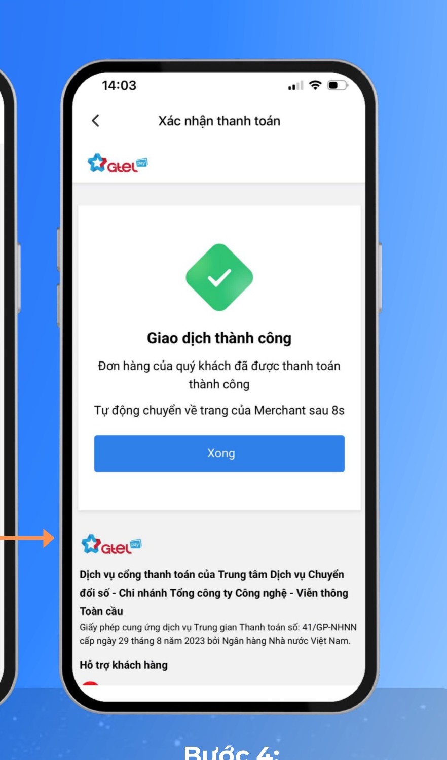 Màn hình xác nhận giao dịch thành công khi thanh toán cước FPT qua Gtel Pay