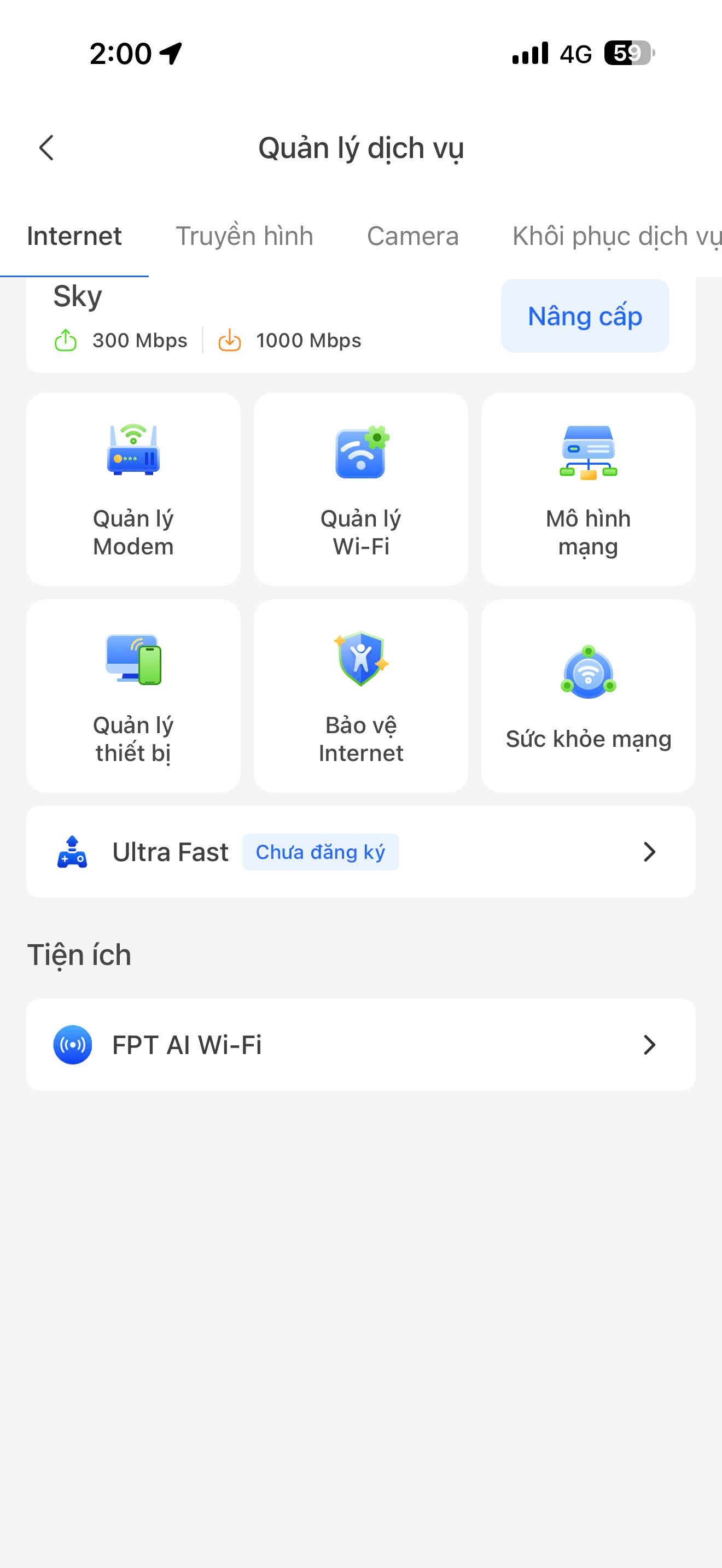 Màn hình Quản lý dịch vụ Internet trên app Hi FPT — Quản lý Modem, Quản lý Wi-Fi, Quản lý thiết bị