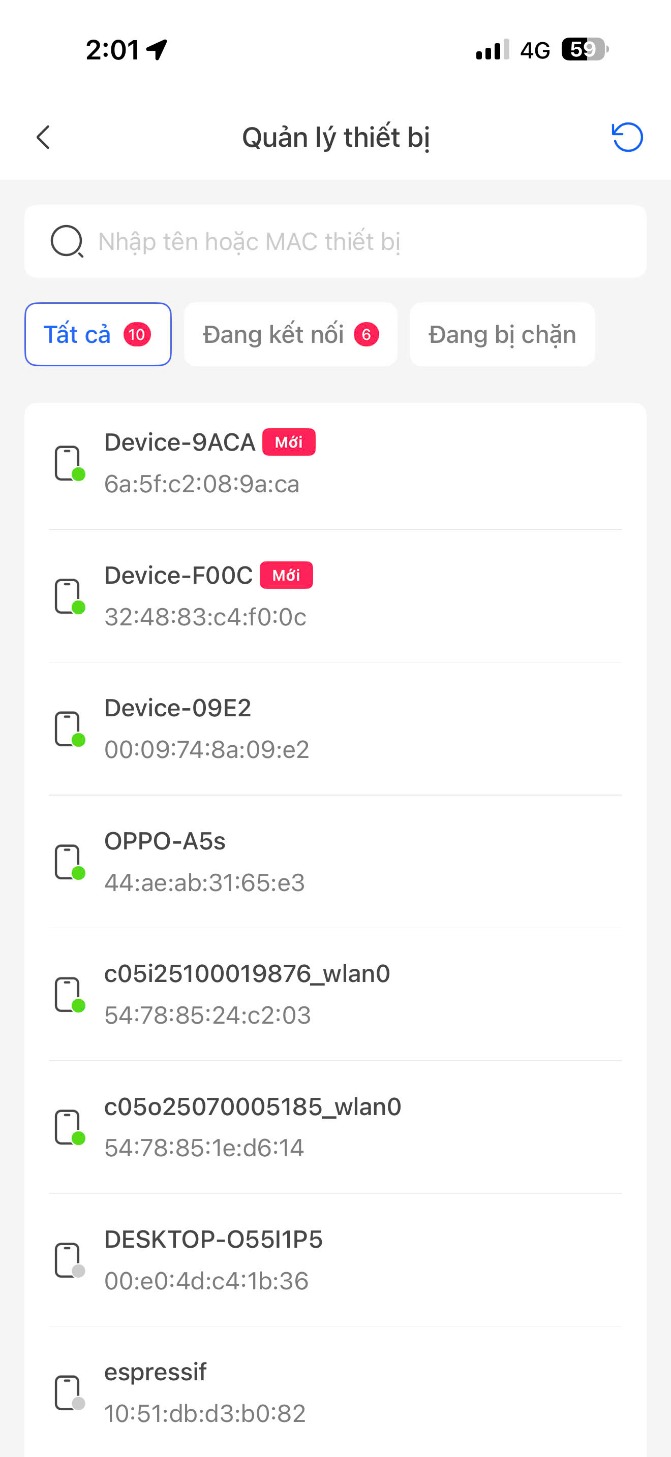 Màn hình Quản lý thiết bị trên Hi FPT — danh sách thiết bị đang kết nối WiFi FPT