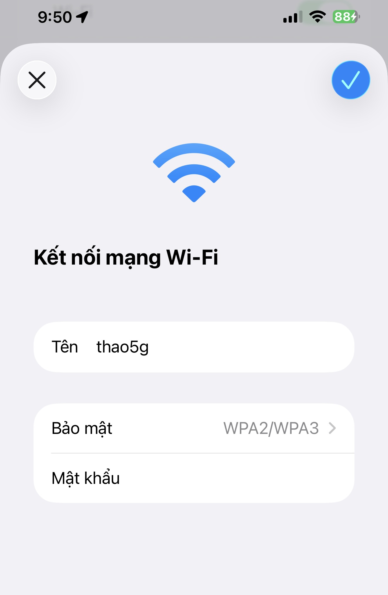 Màn hình iPhone kết nối wifi ẩn tên — nhập tên mạng Thao5g và mật khẩu