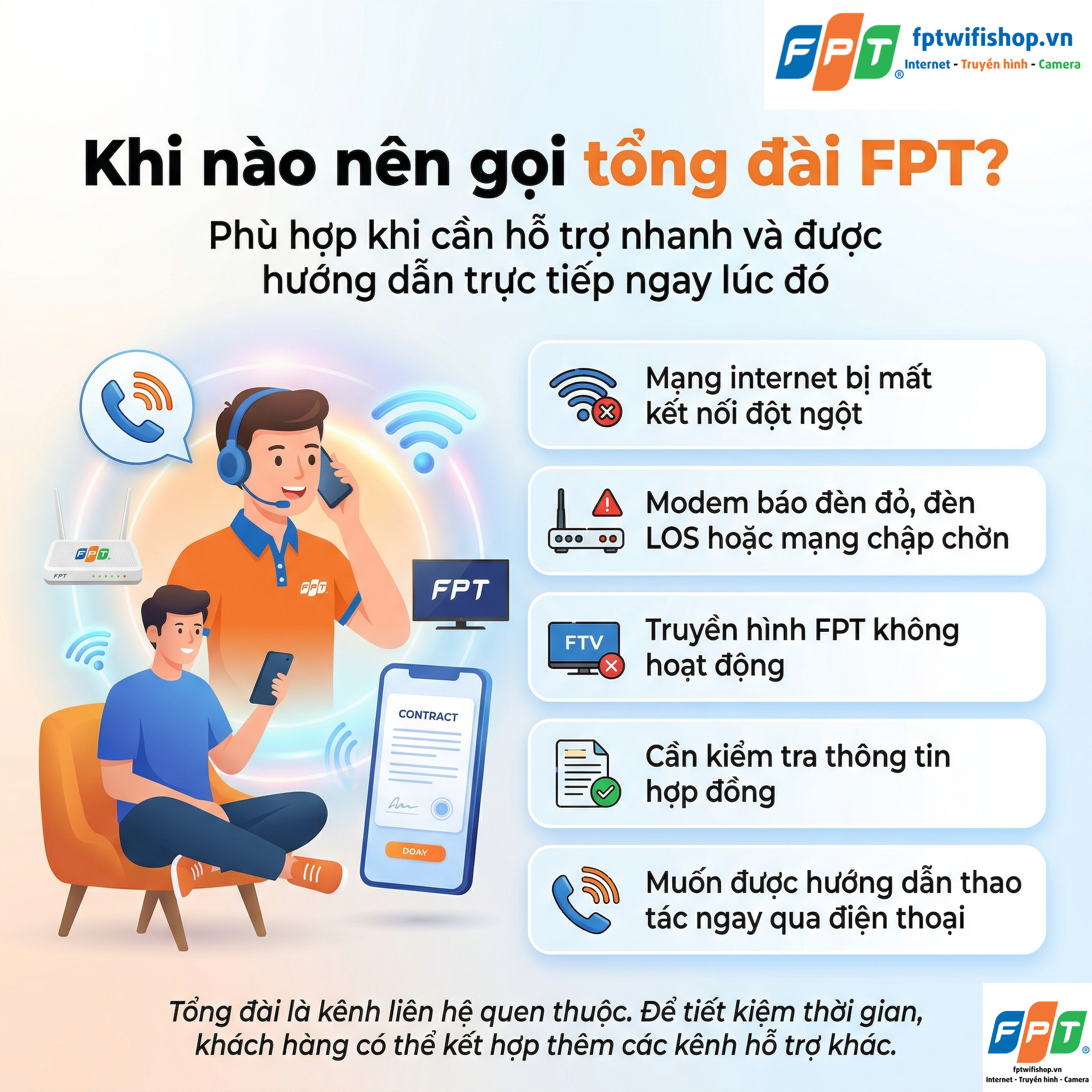 Khi nào nên gọi tổng đài FPT?
Gọi tổng đài sẽ phù hợp trong những trường hợp cần xử lý nhanh hoặc cần được nhân viên hướng dẫn trực tiếp ngay lúc đó. Ví dụ:

Mạng internet bị mất kết nối đột ngột
Modem báo đèn đỏ, đèn LOS hoặc mạng chập chờn
Truyền hình FPT không hoạt động
Cần kiểm tra thông tin hợp đồng
Muốn được hướng dẫn thao tác ngay qua điện thoại
Trong những trường hợp này, tổng đài vẫn là kênh liên hệ quen thuộc đối với nhiều khách hàng. Tuy nhiên, nếu bạn không muốn chờ lâu hoặc muốn có thêm lựa chọn thuận tiện hơn, bạn nên kết hợp với các kênh hỗ trợ khác để tiết kiệm thời gian.