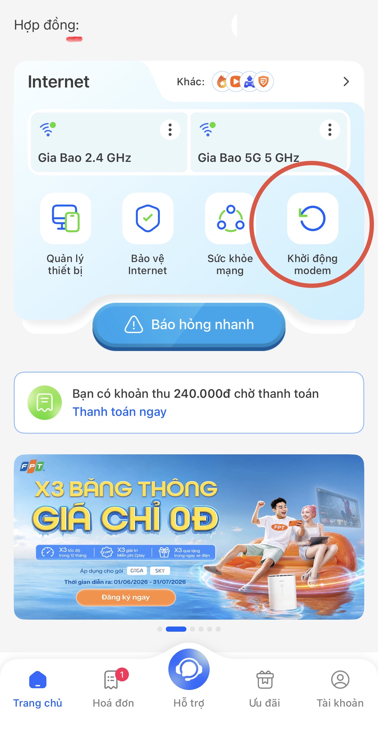 Khởi động lại modem FPT từ xa qua app Hi FPT — nút Khởi động modem trên màn hình chính