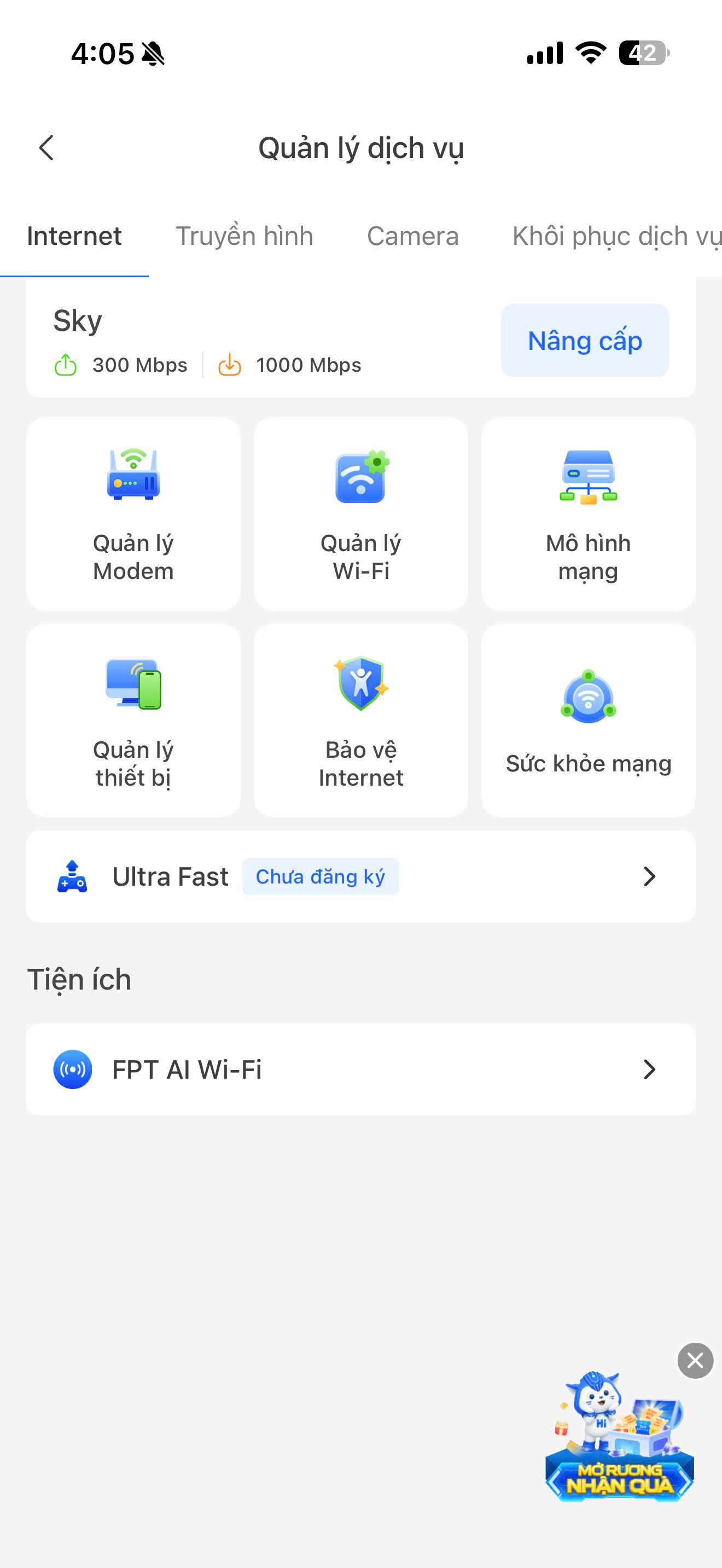 Kiểm tra băng thông FPT sau khi nâng cấp X3 trên app Hi FPT