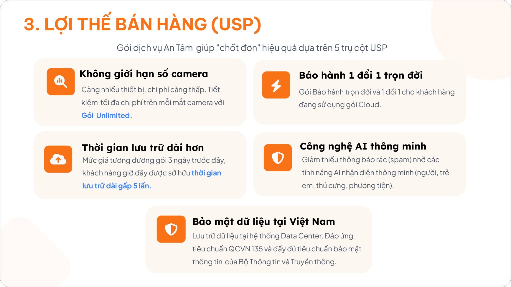 5 lợi thế của gói An Tâm FPT Camera: không giới hạn camera, bảo hành trọn đời, lưu trữ dài hơn, AI thông minh, bảo mật tại Việt Nam