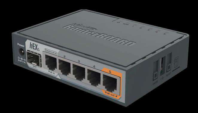 Router Mikrotik RB760iGS hEX S mặt trước với 5 cổng Gigabit Ethernet và 1 cổng SFP quang màu xám đen