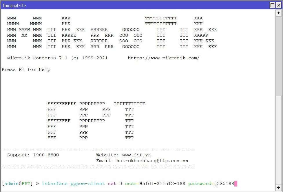 Câu lệnh cấu hình PPPoE client trên Mikrotik RB760iGS trong terminal Winbox interface pppoe-client set 0 user password