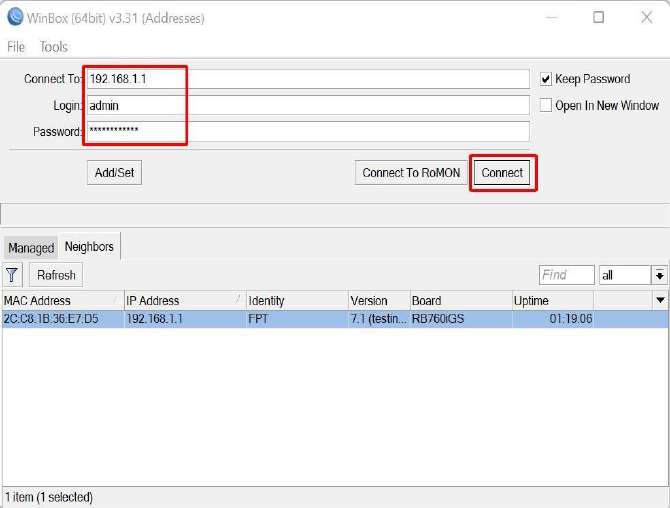 Winbox tab Neighbors tự động phát hiện router Mikrotik RB760iGS với IP 192.168.1.1 và board RB760iGS