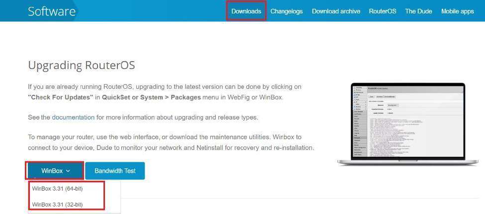 Trang download Winbox trên website mikrotik.com chọn WinBox 64-bit hoặc 32-bit để tải về