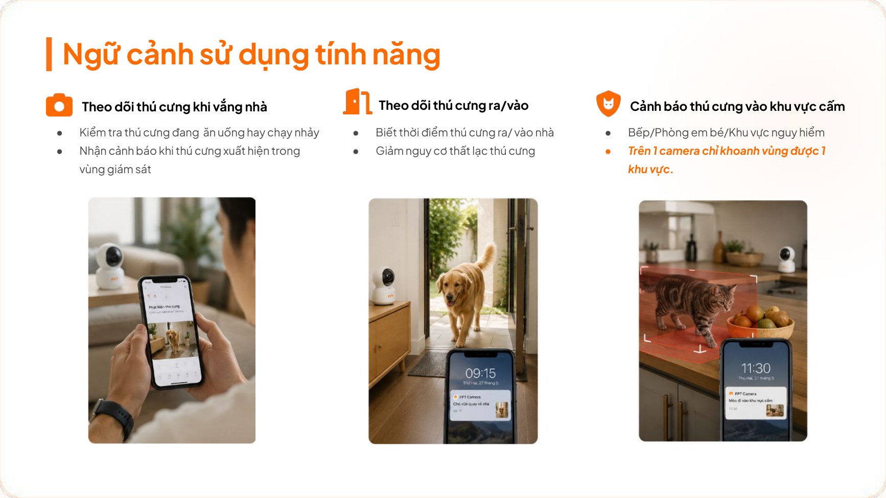 Ngữ cảnh sử dụng AI nhận diện thú cưng: theo dõi khi vắng nhà, theo dõi ra vào, cảnh báo vào khu vực cấm