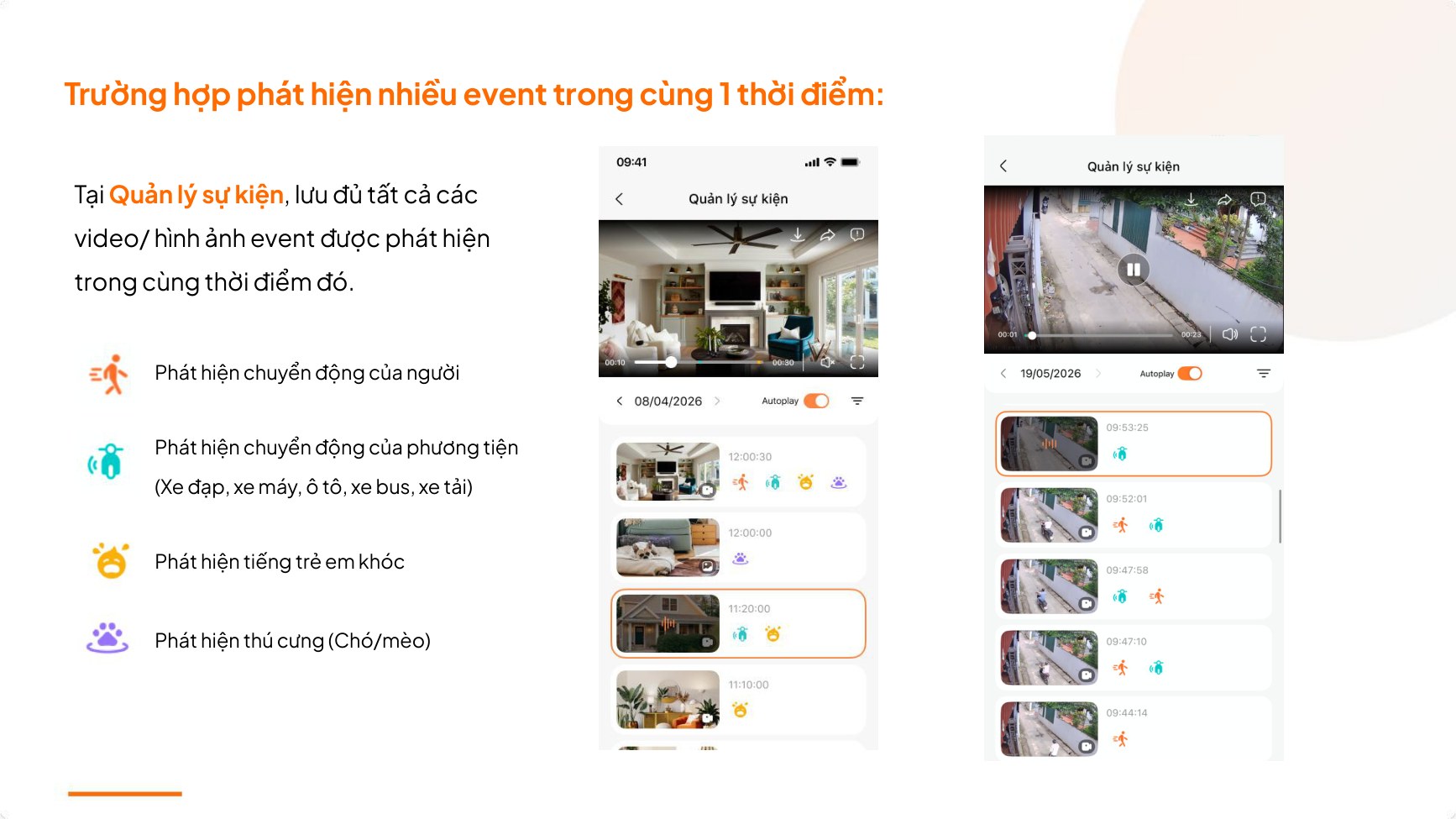 Giao diện Quản lý sự kiện trên app FPT Life lưu đủ các event người, phương tiện, trẻ em khóc, thú cưng cùng thời điểm
