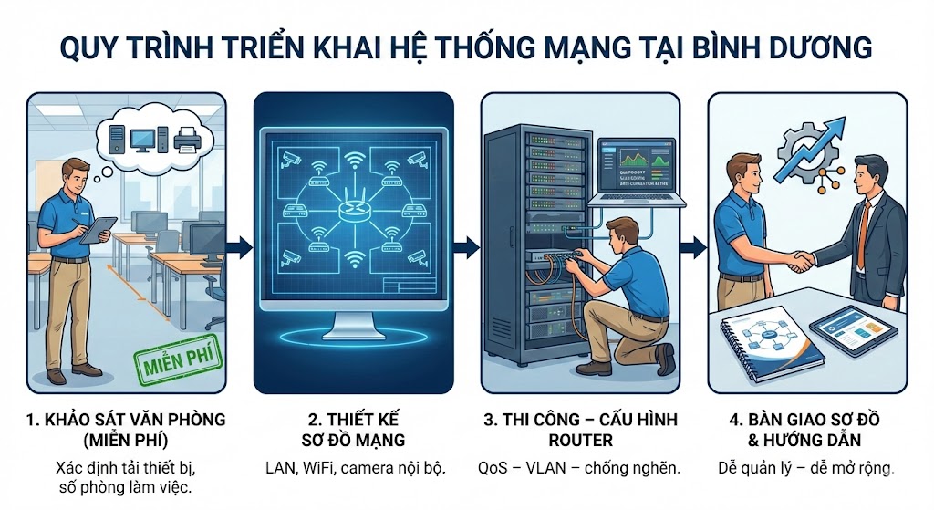 Sơ đồ quy trình triển khai lắp mạng FPT tại Bình Dương