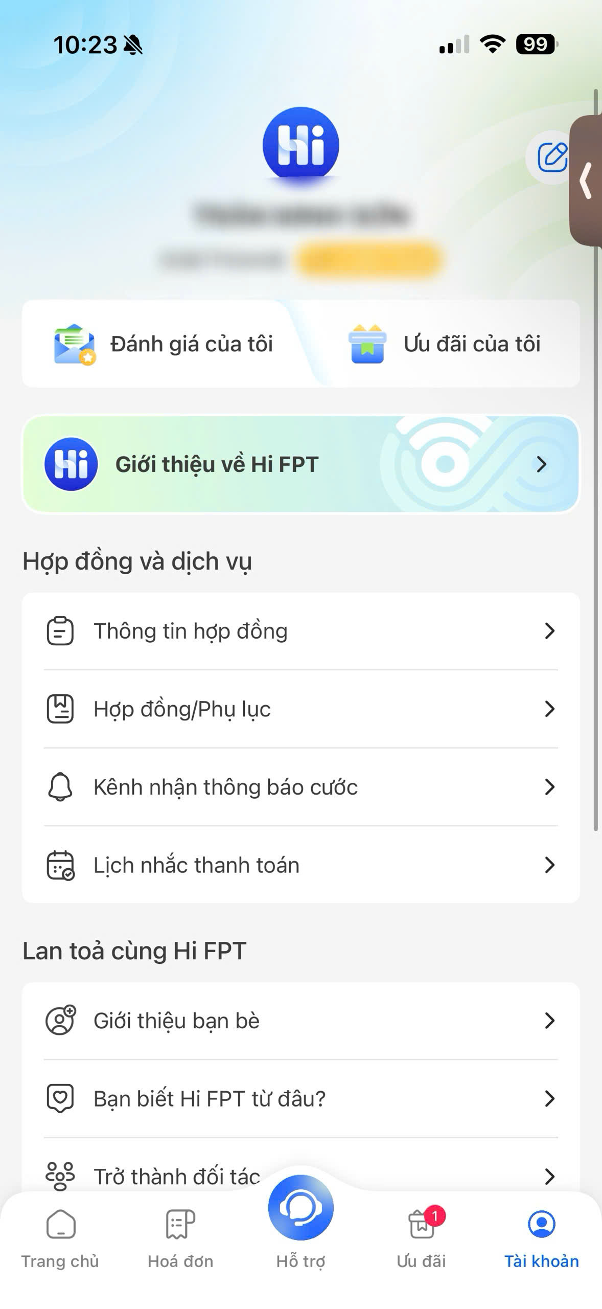 Bước 1: Vào tab Tài khoản trong app Hi FPT, chọn Thông tin hợp đồng