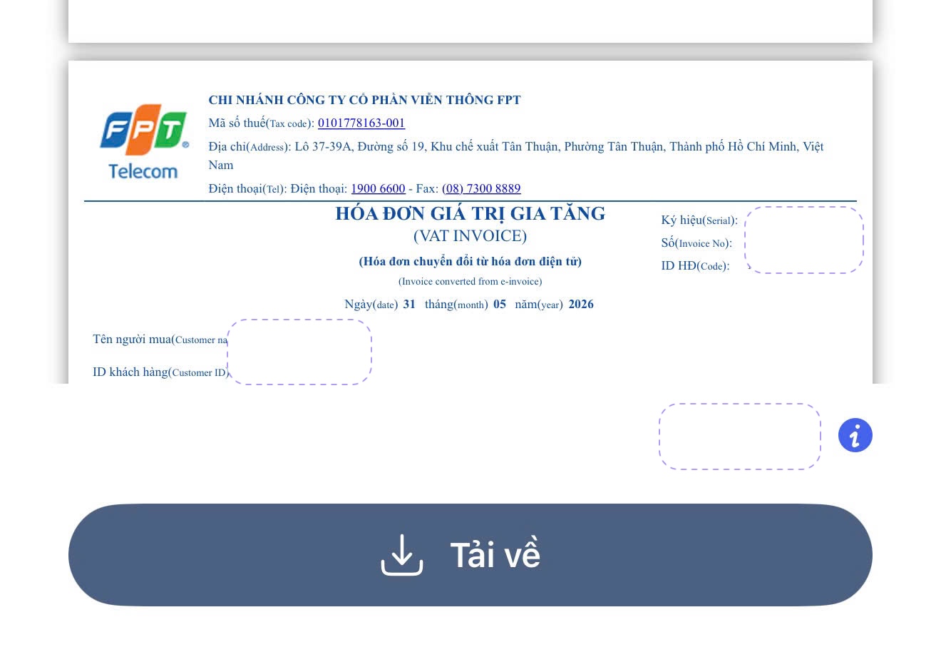 Bước 4: Nhấn nút Tải về để lưu hóa đơn điện tử FPT dạng PDF