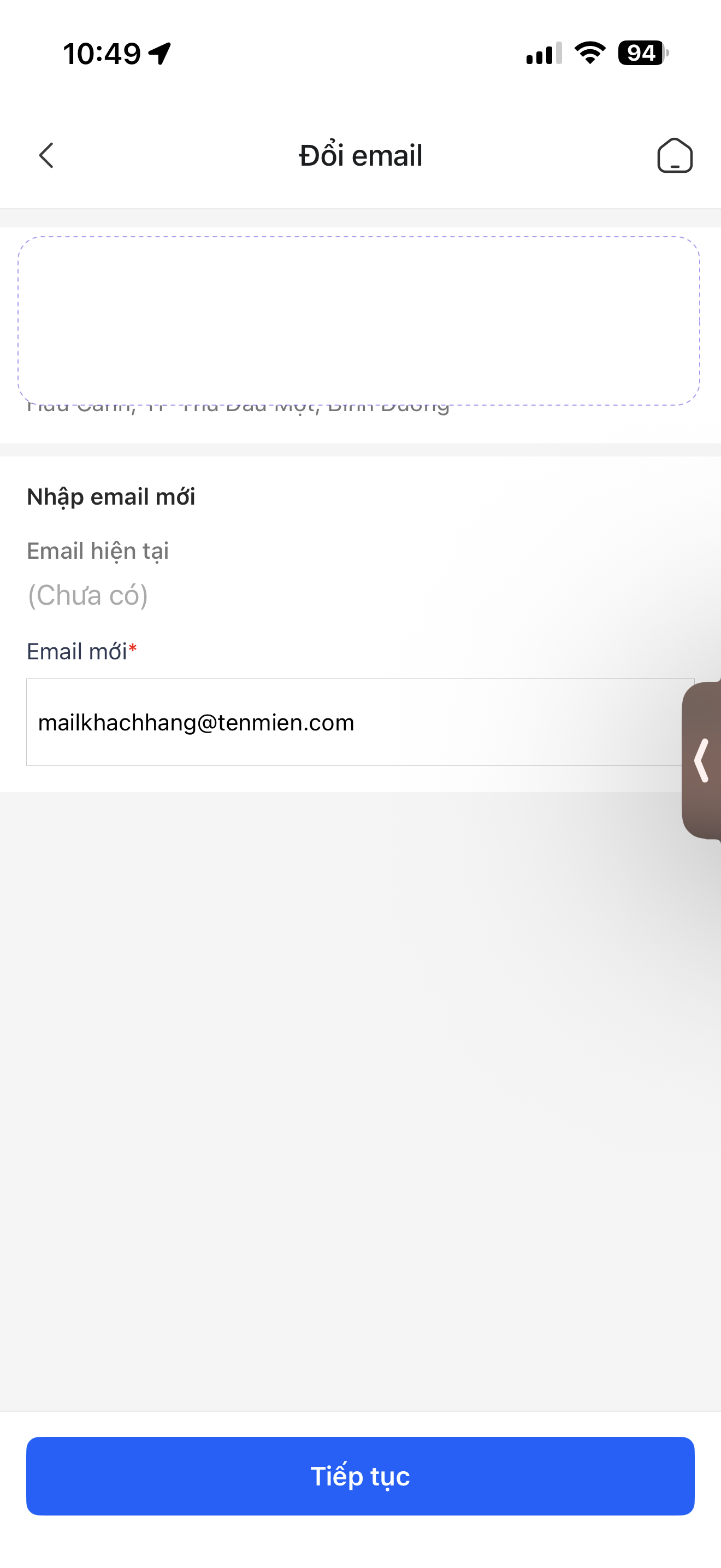 Bước 2 cài đặt email nhận hóa đơn FPT - nhập email mới và nhấn Tiếp tục