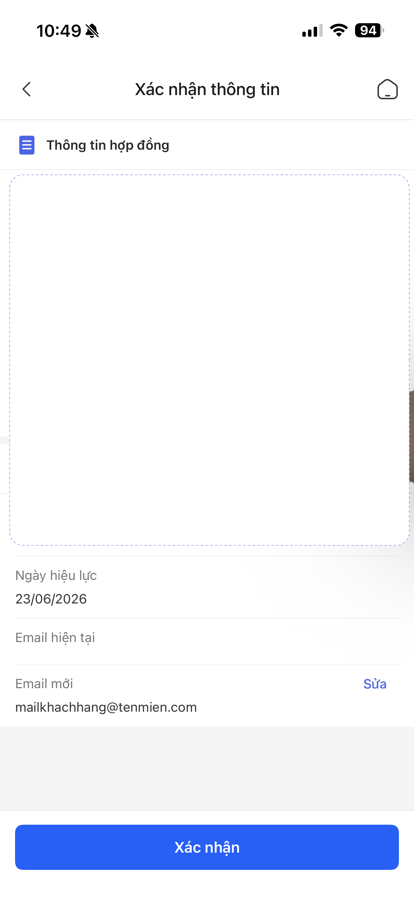 Bước 3 cài đặt email nhận hóa đơn FPT - xác nhận email và nhấn Xác nhận