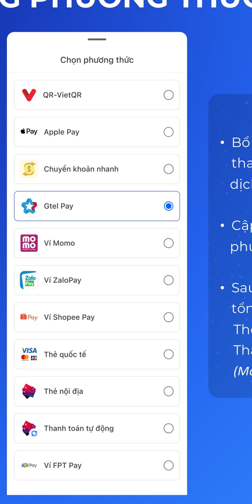 Màn hình chọn phương thức thanh toán trong app Hi FPT gồm MoMo, ZaloPay, Gtel Pay, thẻ ATM