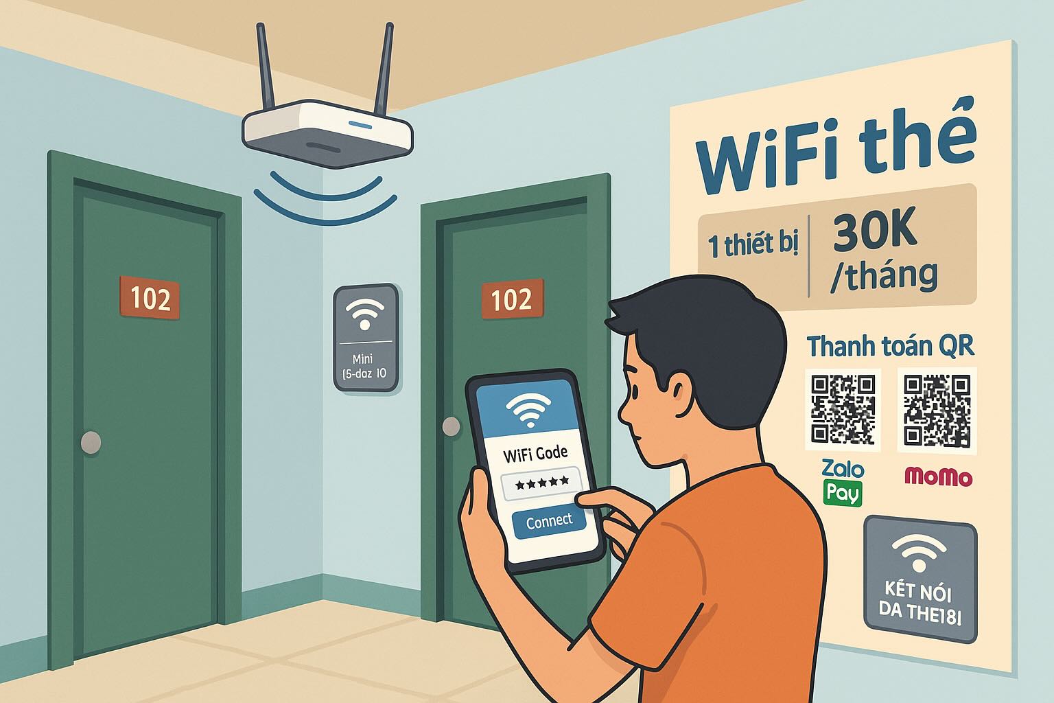 Wifi thẻ nhà trọ là gì — người thuê trọ nhập mã kết nối wifi thẻ trên điện thoại, bảng giá 30K/tháng/thiết bị