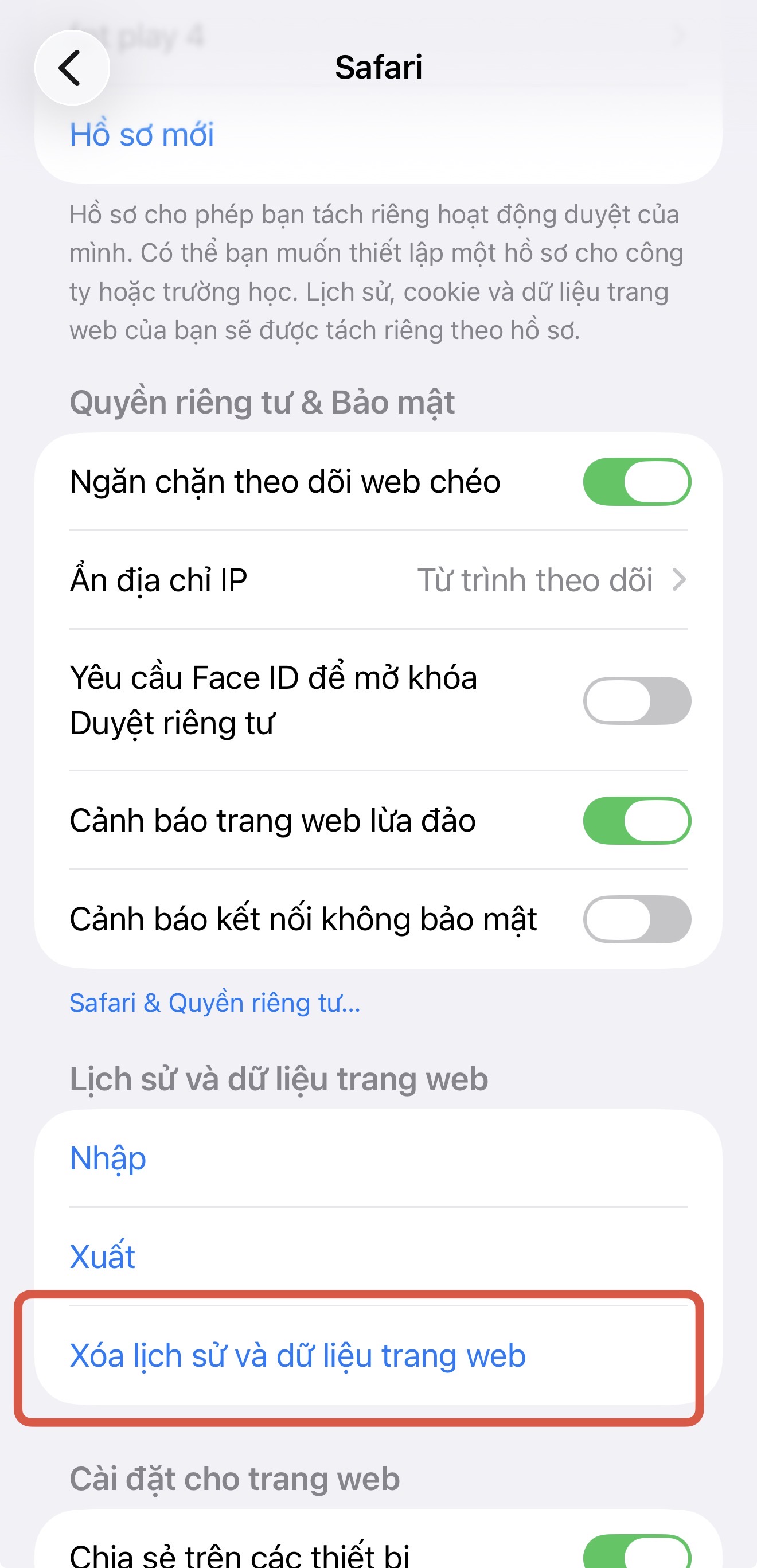 Xóa lịch sử và dữ liệu trang web Safari trên iPhone để giải phóng bộ nhớ và khắc phục lỗi mạng